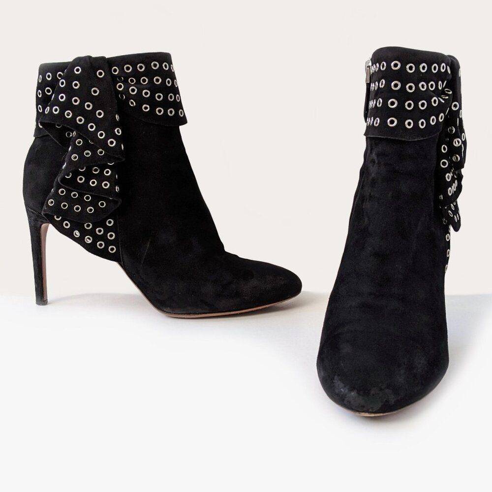 Alaïa Black Suede Grommet Embellished Ruffled Ankle Boots | Size 38.5 - Picture 9 of 16